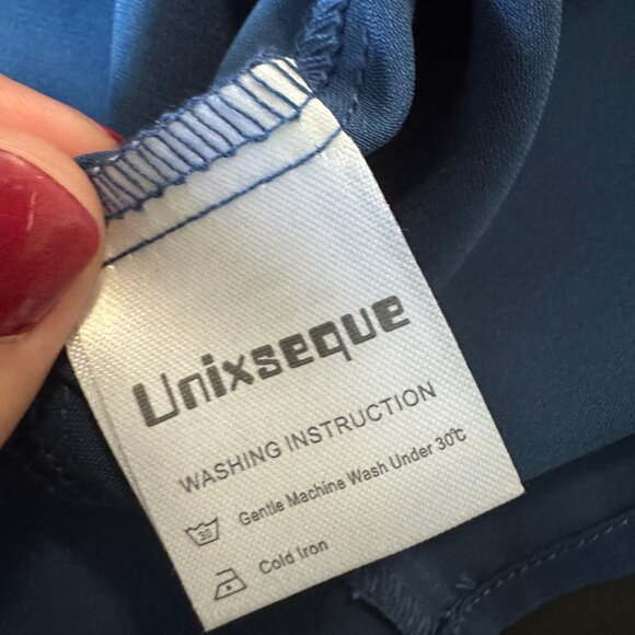 Unixseque Blue Satin Blouse with 3/4 Puff Sleeves Size L - Picture 7 of 7